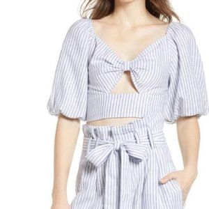 Leith Blue Striped Cutout Puff Sleeve Crop Top